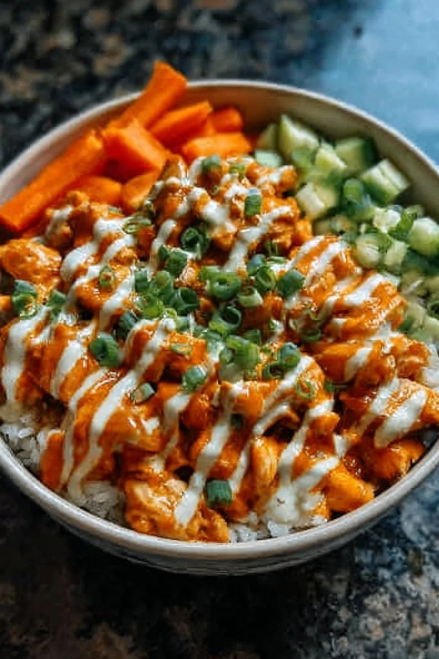 Delicious Buffalo Chicken Bowl topped with fresh ingredients.