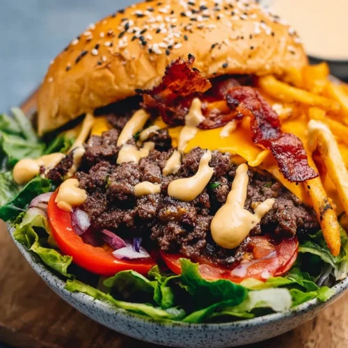 A colorful Burger Bowl filled with fresh ingredients and juicy burger toppings.