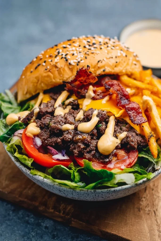 A colorful Burger Bowl filled with fresh ingredients and juicy burger toppings.