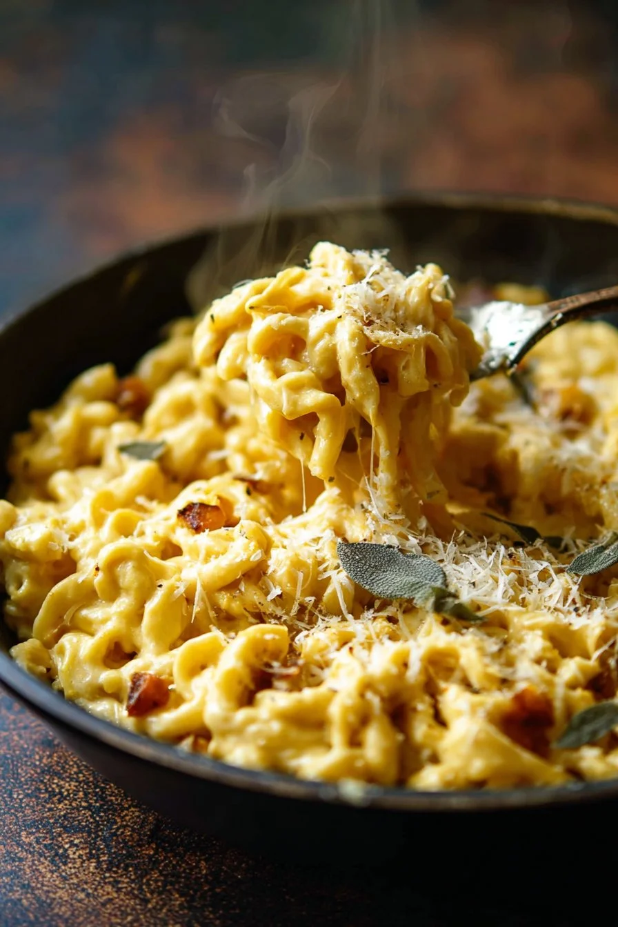 Creamy butternut squash alfredo pasta topped with herbs and cheese