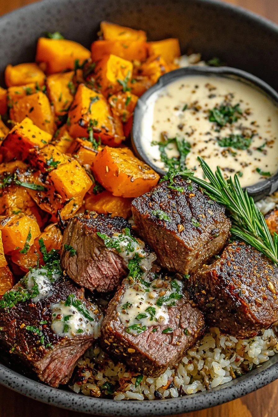 Butternut Squash and Garlic Herb Steak Bowls served in a rustic bowl