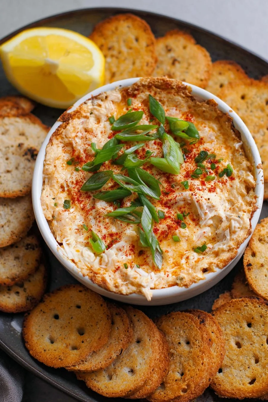 Delicious Cajun Crab Dip served with crackers and garnished with herbs