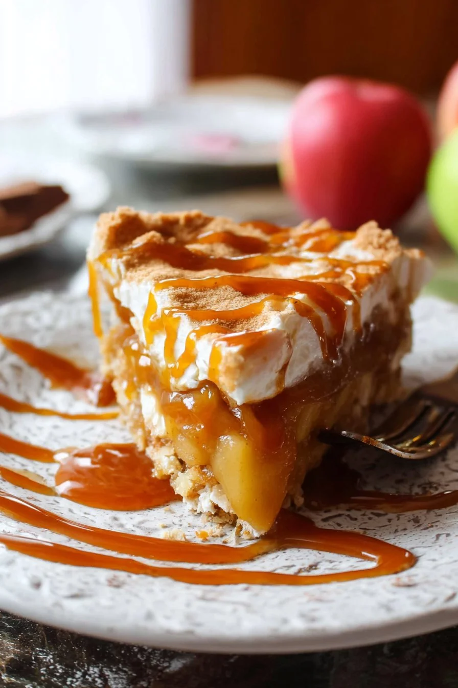 Delicious Caramel Apple Pie Lush dessert with caramel drizzle and apple slices.