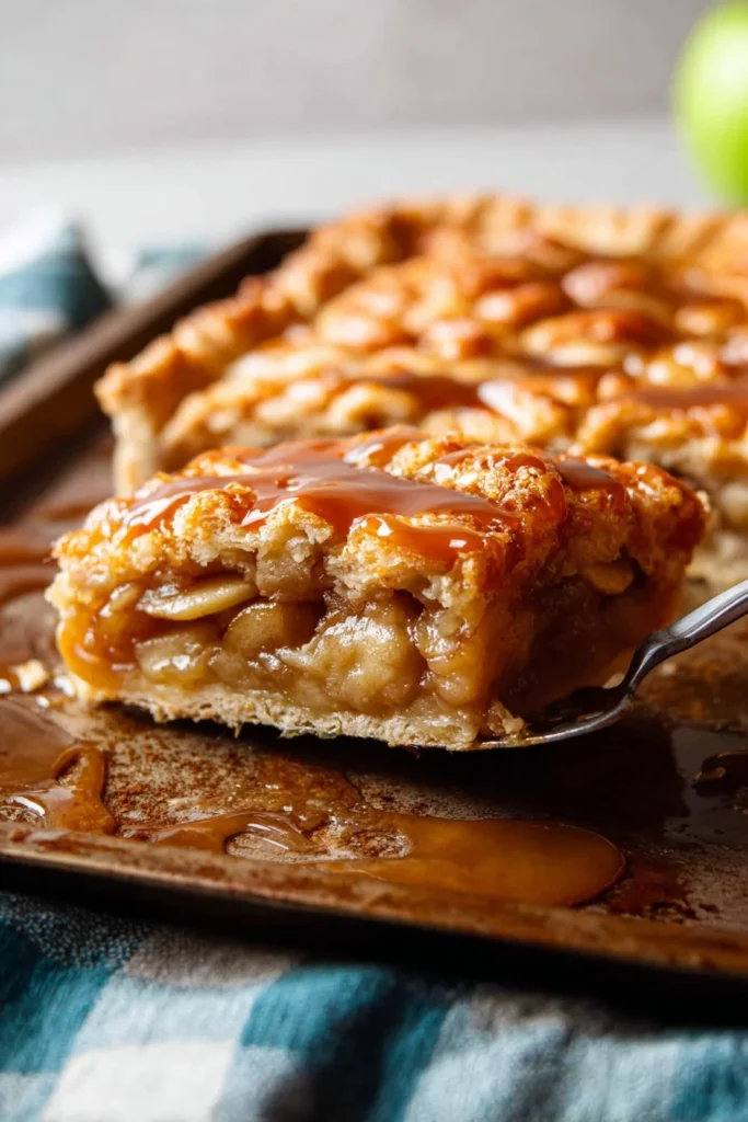 Delicious Caramel Apple Slab Pie topped with caramel and apple slices