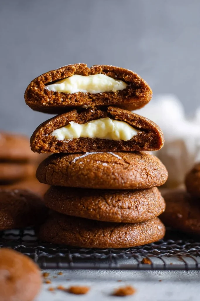 Cheesecake Stuffed Gingerbread Cookies 1 Cheesecake stuffed gingerbread cookies with a creamy filling