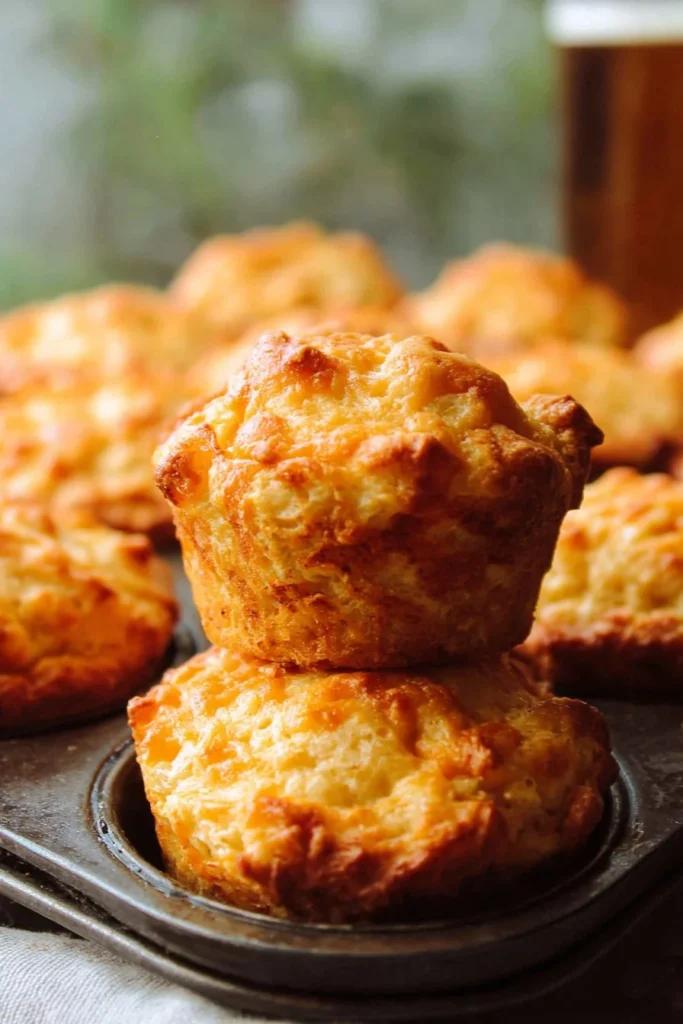 Cheesy beer bread muffins baked to golden perfection, served warm.