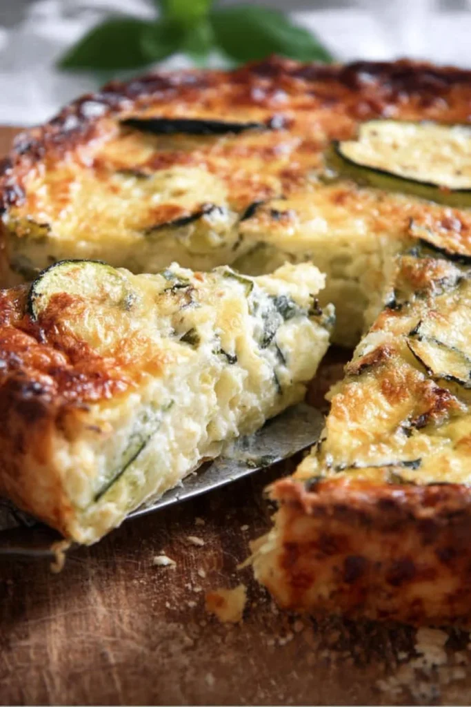Cheesy zucchini quiche sliced and served on a plate