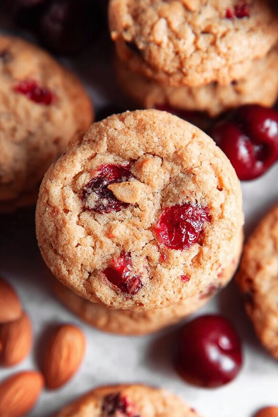 Plate of freshly baked Cherry Almond Cookies with cherries and almonds