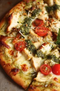 Delicious Chicken Pesto Pizza with fresh toppings and pesto sauce
