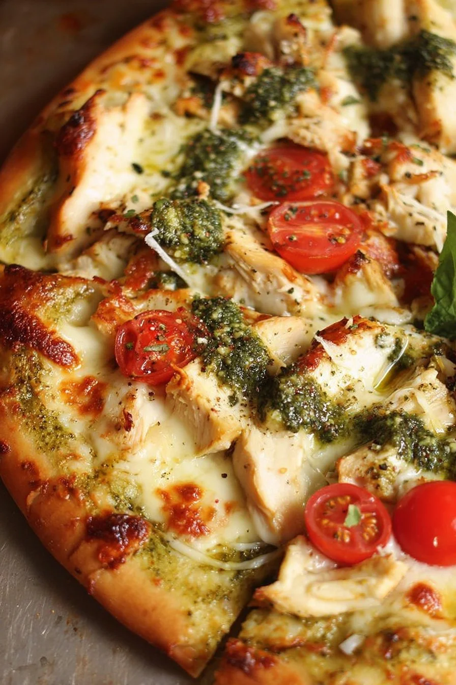 Delicious Chicken Pesto Pizza with fresh toppings and pesto sauce