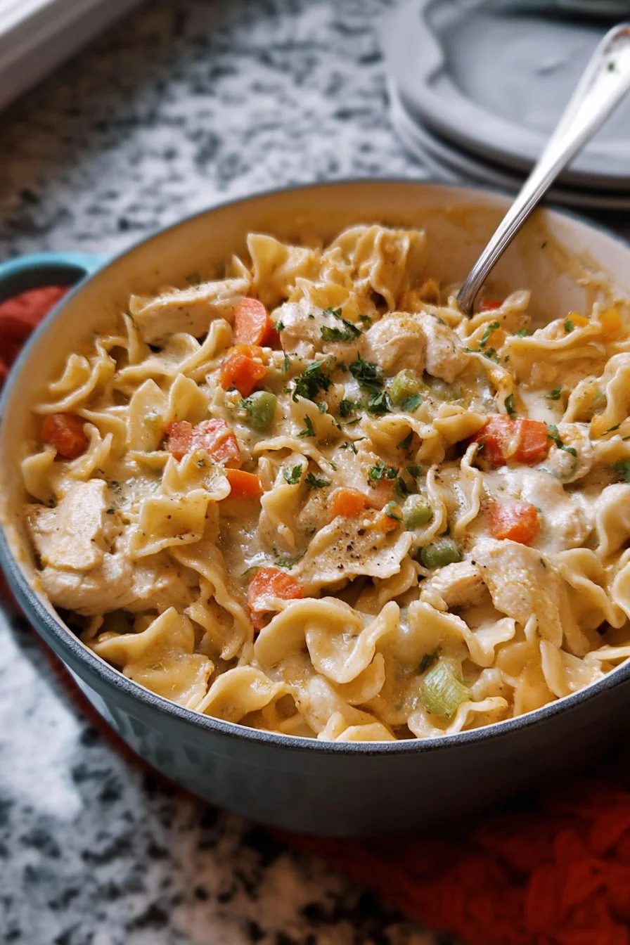 Delicious Chicken Pot Pie Pasta served in a bowl with fresh herbs