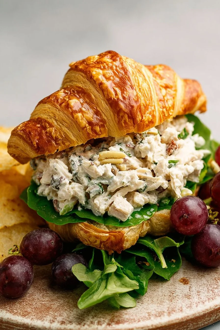 Chicken salad croissant sandwich with fresh ingredients