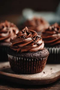 A batch of rich chocolate cupcakes with creamy frosting and sprinkles