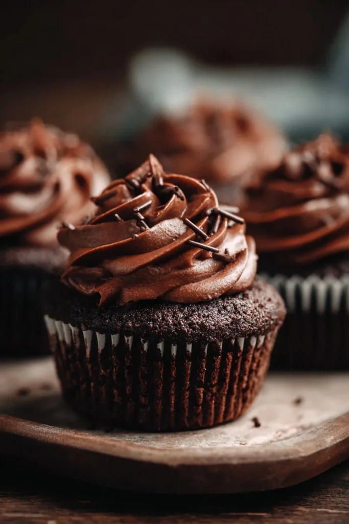 A batch of rich chocolate cupcakes with creamy frosting and sprinkles