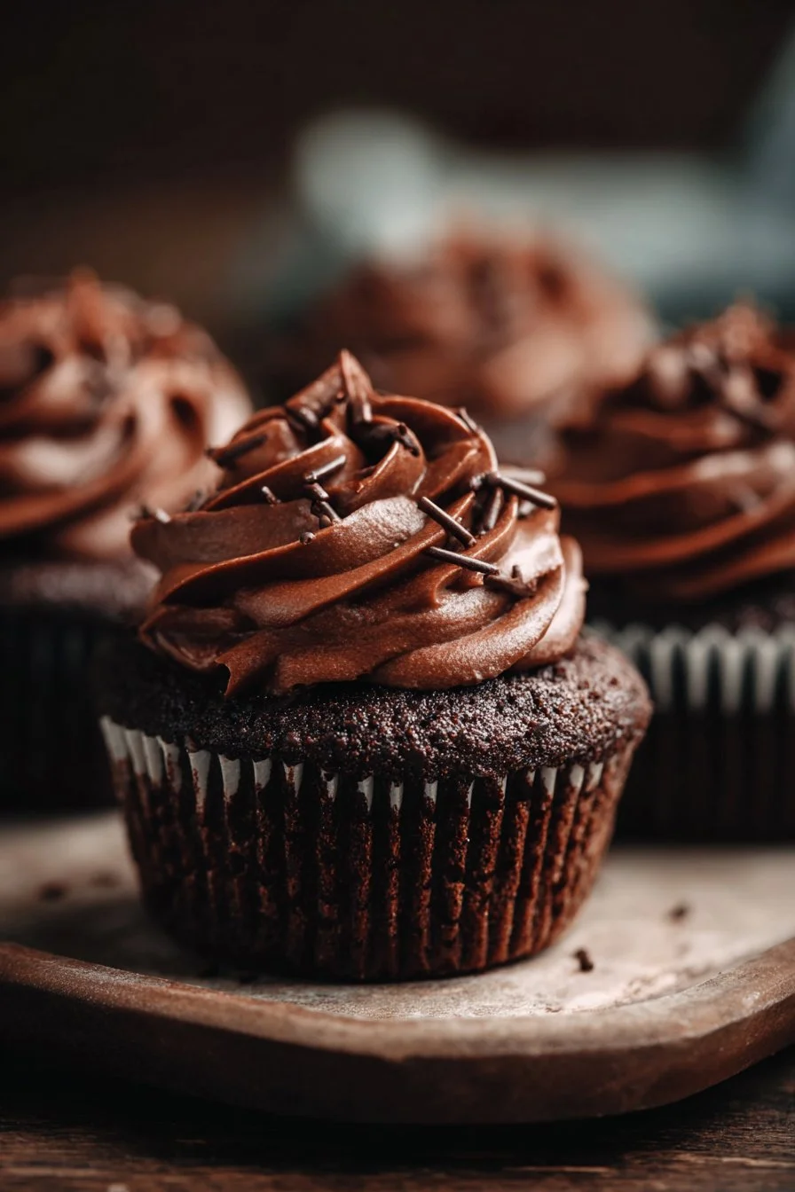 A batch of rich chocolate cupcakes with creamy frosting and sprinkles
