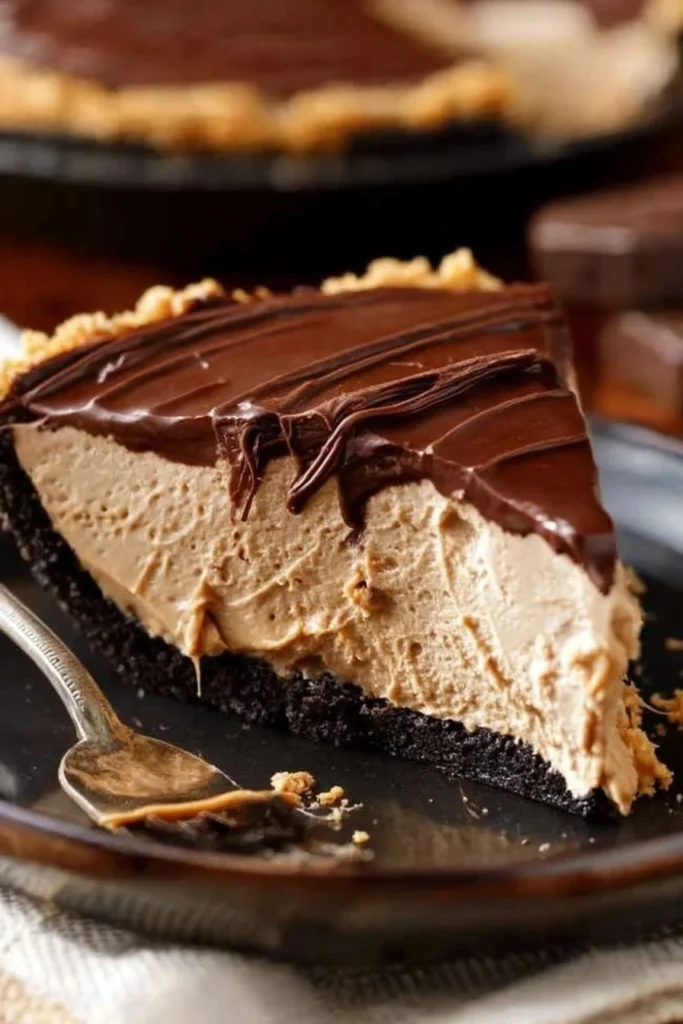 Delicious Chocolate Peanut Butter Pie garnished with chocolate drizzle and peanuts