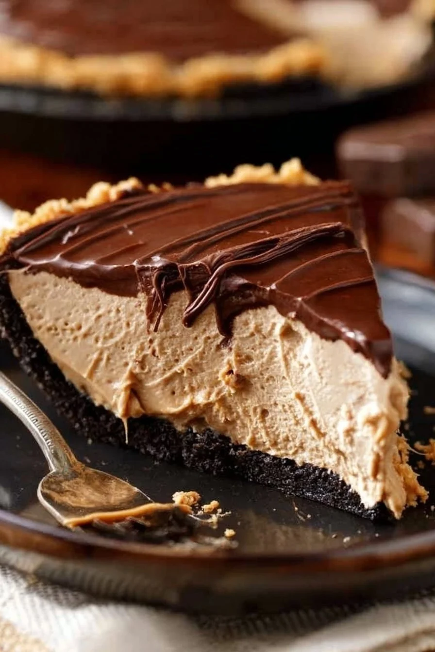 Delicious Chocolate Peanut Butter Pie garnished with chocolate drizzle and peanuts