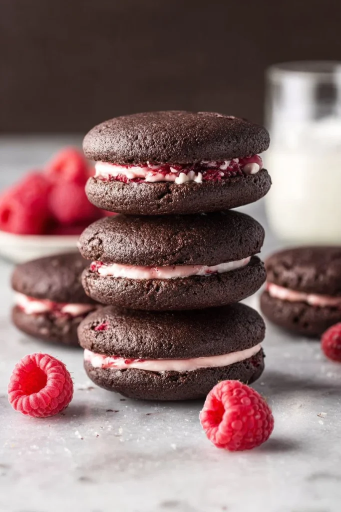 Chocolate Raspberry Sandwich Cookies 1 Delicious Chocolate Raspberry Sandwich Cookies stacked on a plate