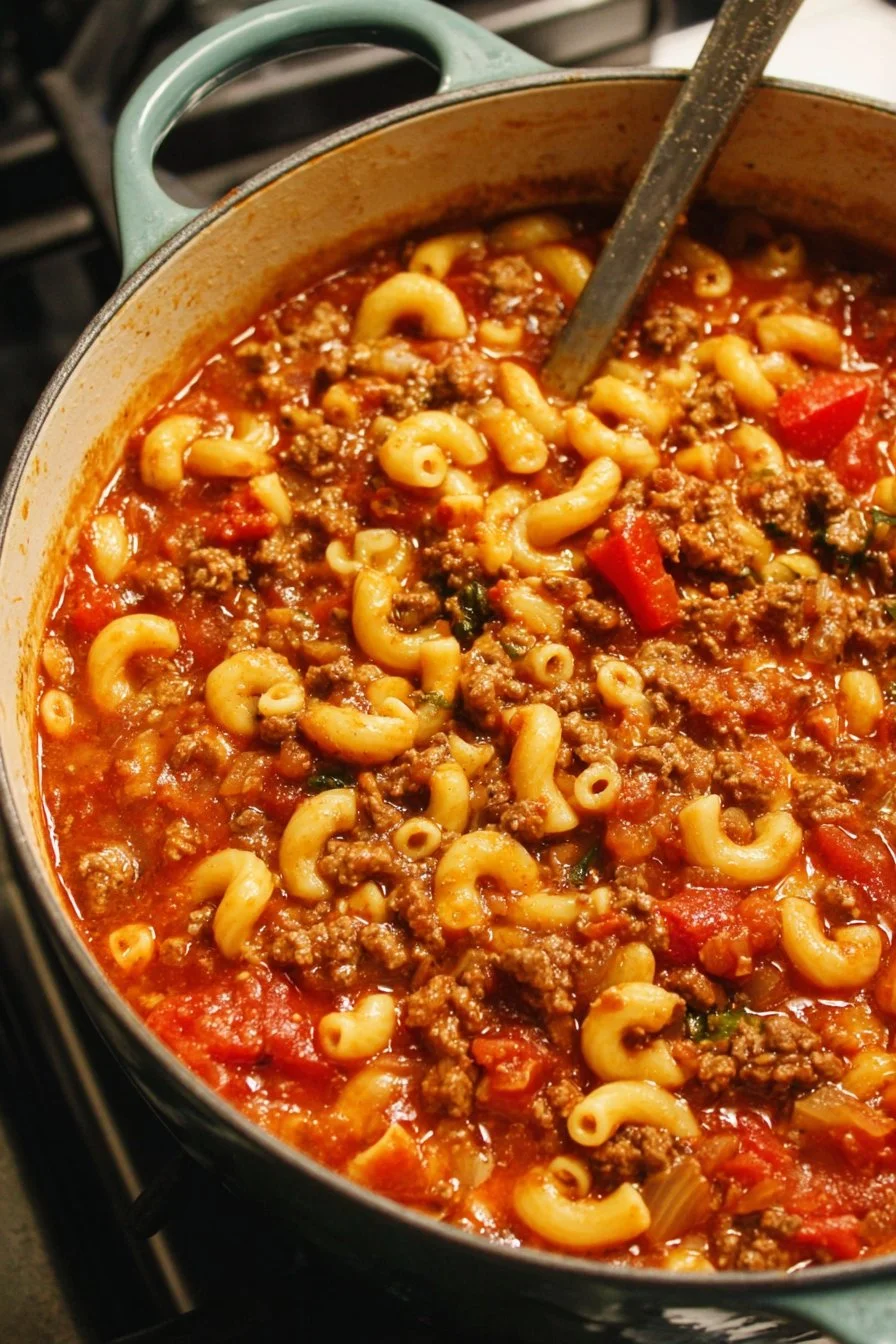 Bowl of classic American goulash with pasta and ground beef