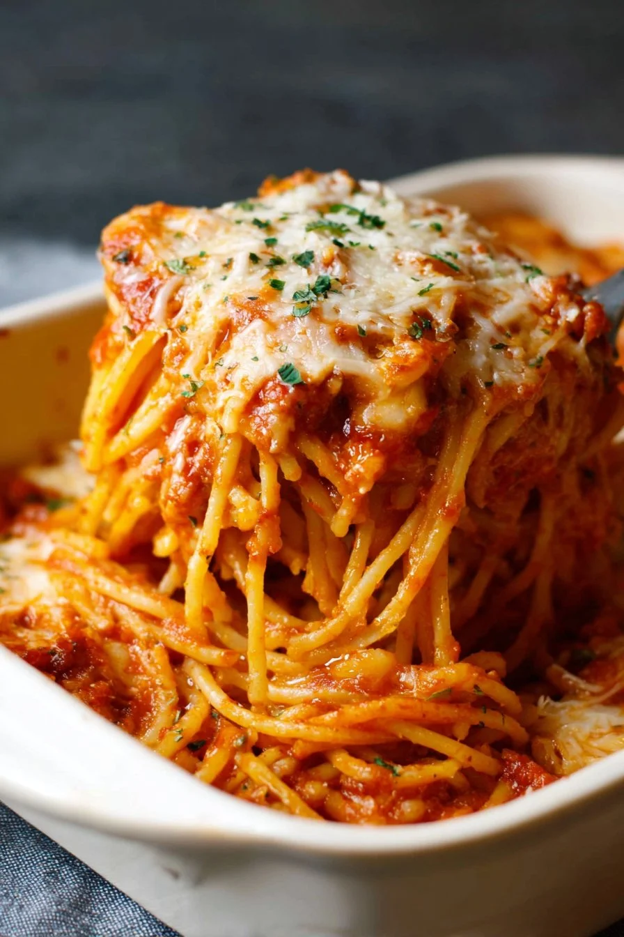 Delicious classic baked spaghetti topped with cheese and herbs