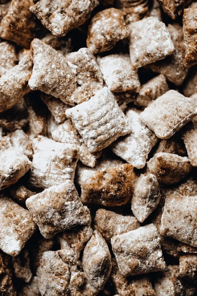 Bowl of classic Muddy Buddies puppy chow with powdered sugar topping
