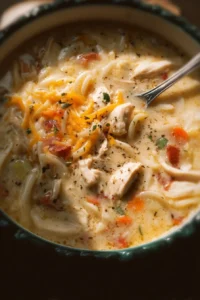Bowls of Crack Chicken Noodle Soup garnished with herbs and ingredients.