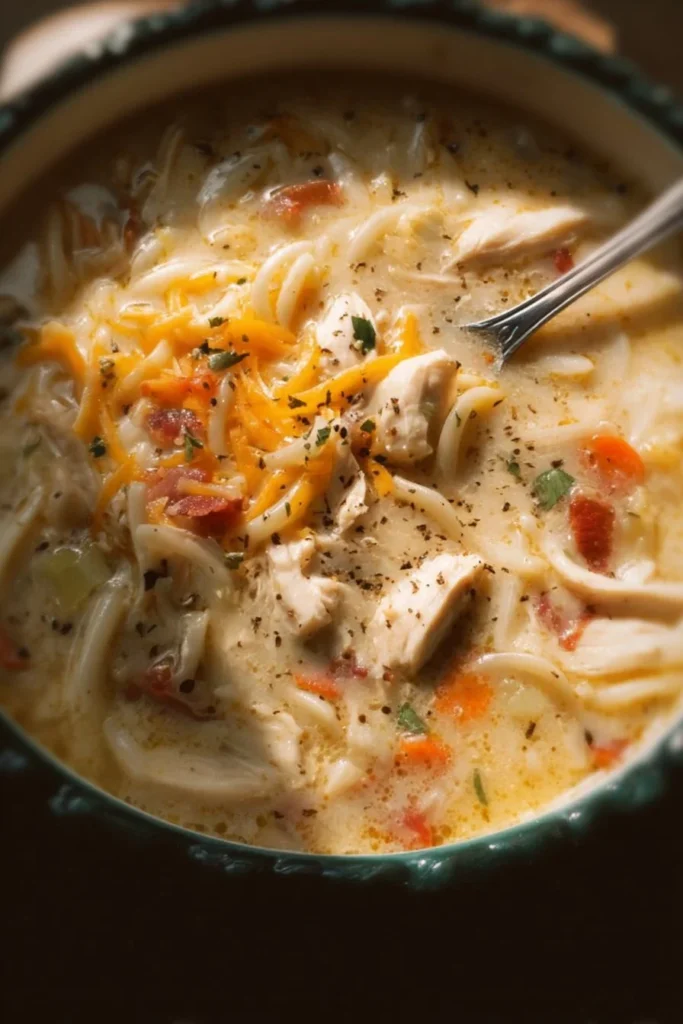 Bowls of Crack Chicken Noodle Soup garnished with herbs and ingredients.