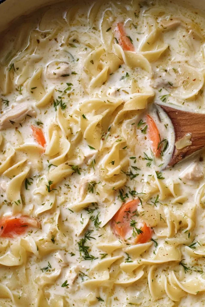 Bowl of creamy chicken noodle soup with vegetables and herbs