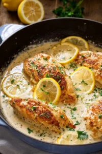 Creamy lemon parmesan chicken served on a plate with herbs and lemon slices