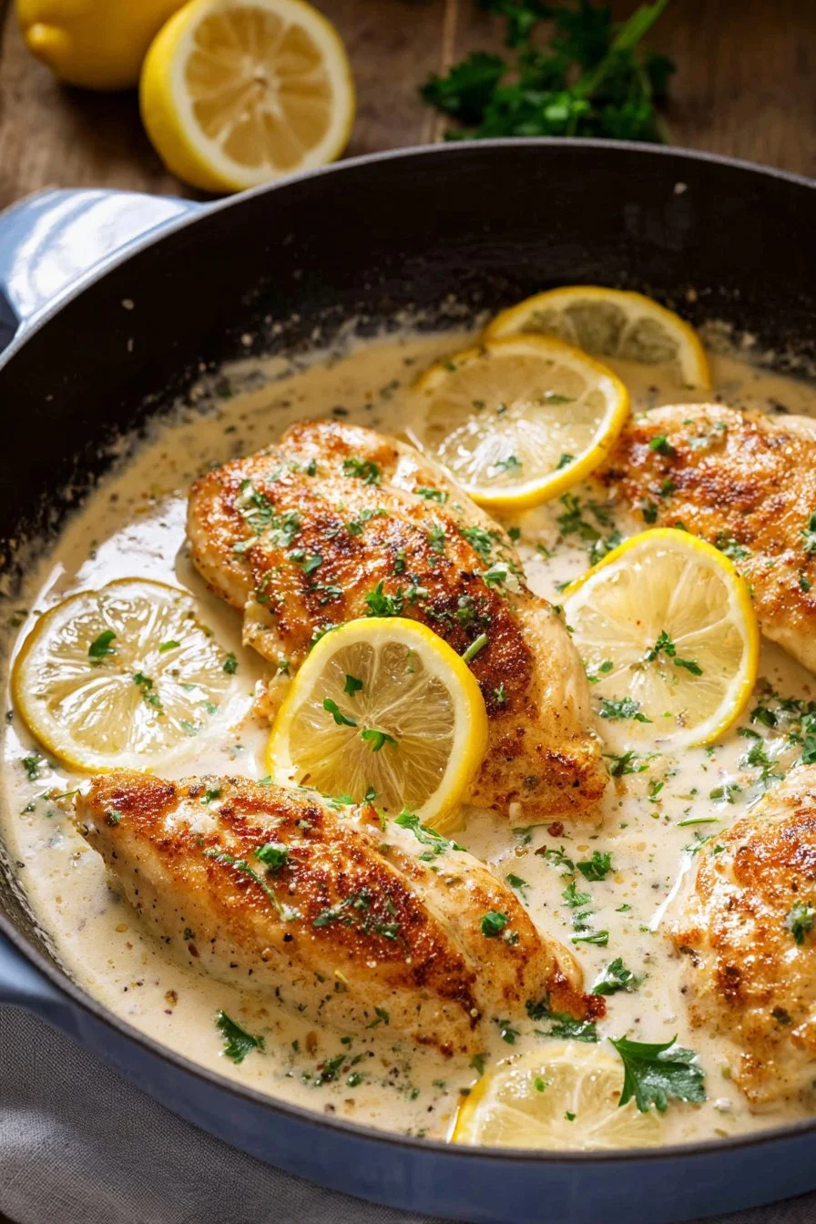 Creamy lemon parmesan chicken served on a plate with herbs and lemon slices