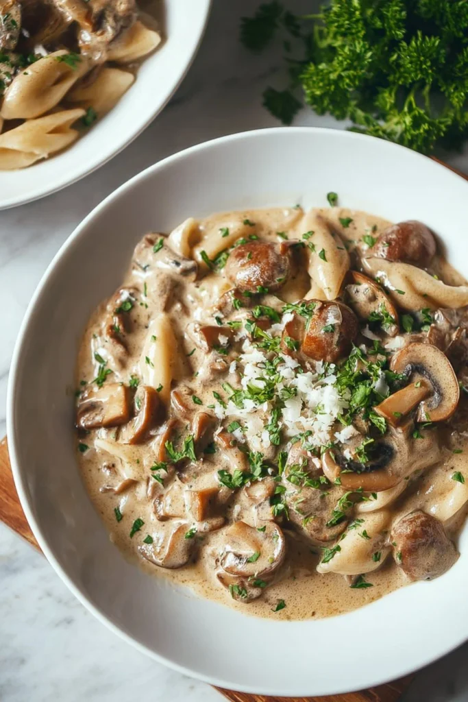 Delicious creamy mushroom stroganoff served in a bowl with herbs.