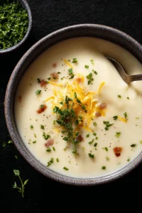Bowl of creamy potato soup garnished with fresh herbs