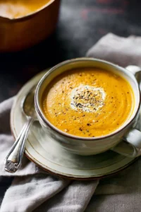 Bowl of creamy pumpkin soup garnished with herbs and spices.