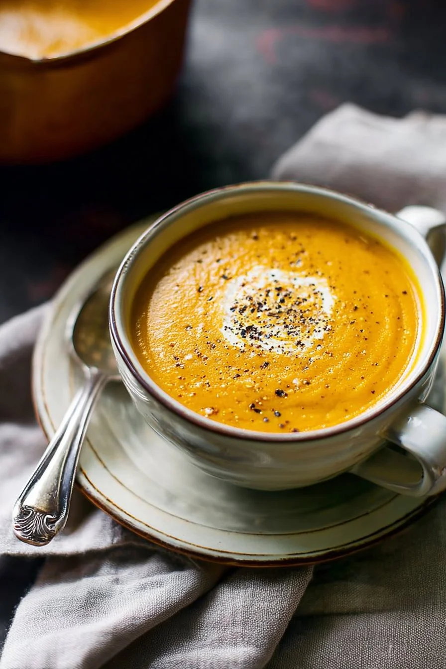 Bowl of creamy pumpkin soup garnished with herbs and spices.