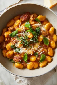 Plate of creamy sausage gnocchi garnished with herbs
