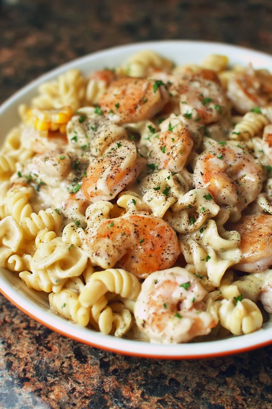 Creamy shrimp boil pasta with herbs and spices in a bowl