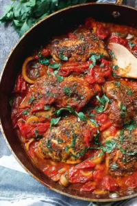 Creamy skillet chicken cacciatore recipe served in a pan with vibrant vegetables