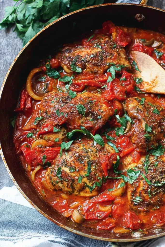 Creamy skillet chicken cacciatore recipe served in a pan with vibrant vegetables