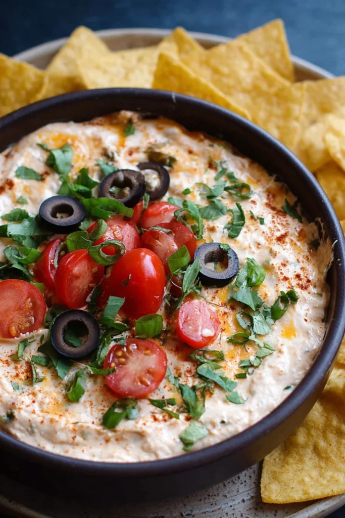 Creamy taco dip served in a bowl with tortilla chips