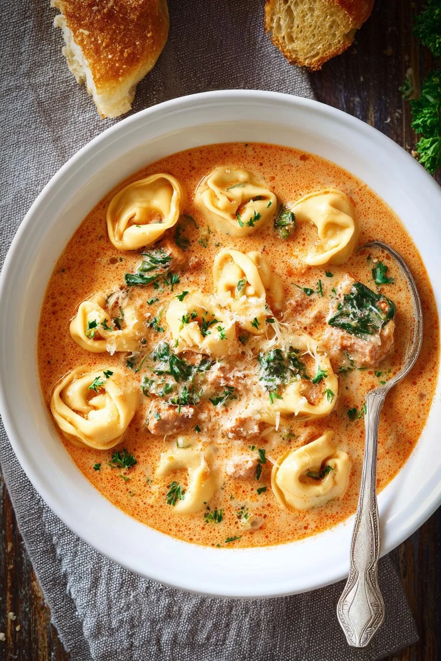 Bowl of creamy tortellini soup garnished with herbs