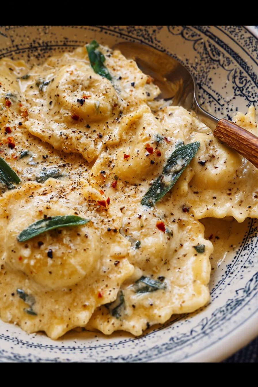 Delicious creamy Tuscan Garlic Ravioli served with herbs and parmesan cheese.