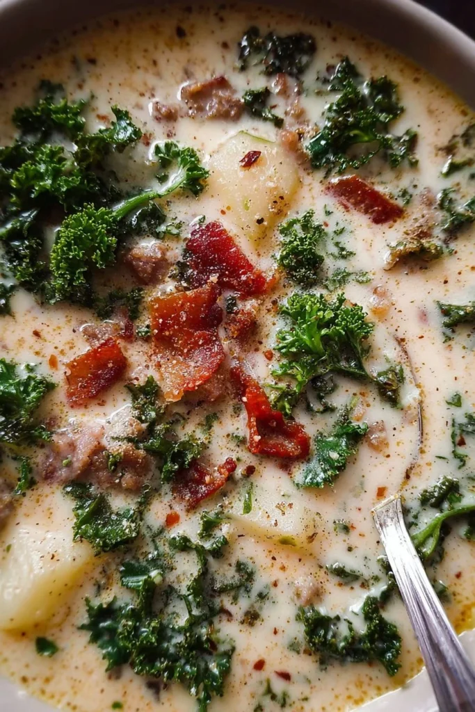 Bowl of creamy Zuppa Toscana soup with kale, sausage, and potatoes