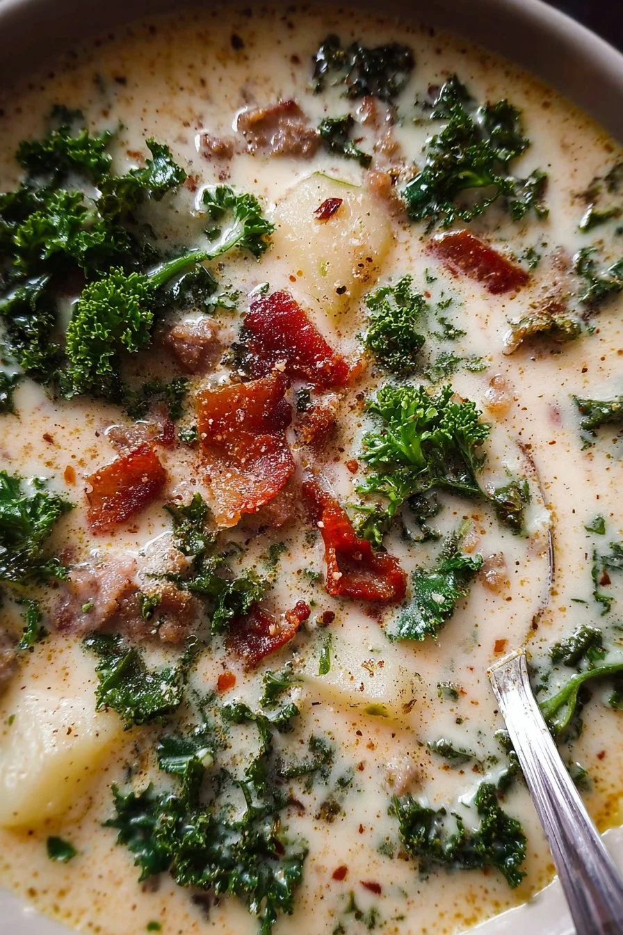 Bowl of creamy Zuppa Toscana soup with kale, sausage, and potatoes