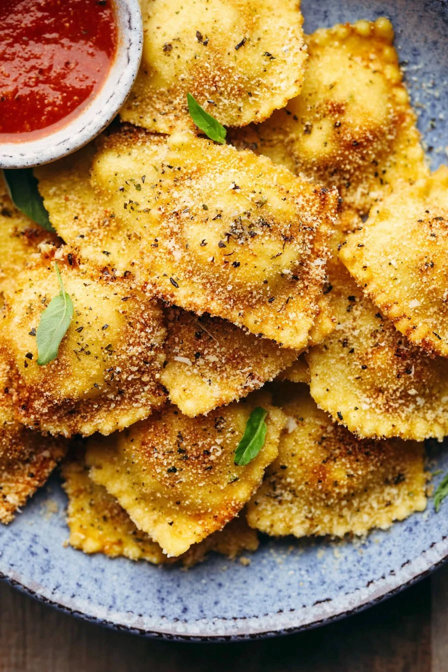 Crispy baked parmesan ravioli served on a plate with marinara sauce.