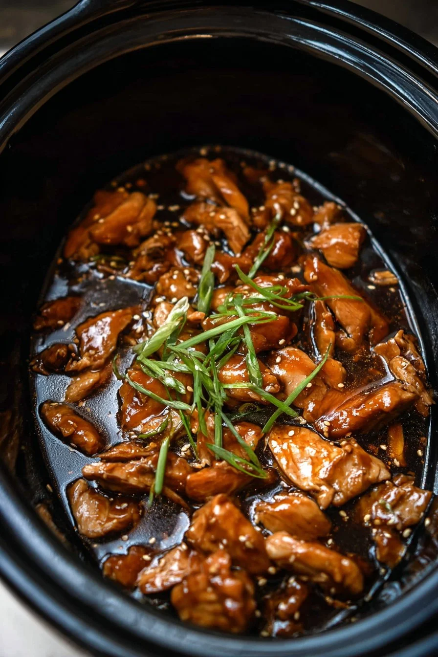 Delicious Crockpot Bourbon Chicken served with rice and vegetables.