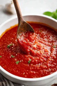 Easiest homemade marinara sauce served in a bowl with fresh basil