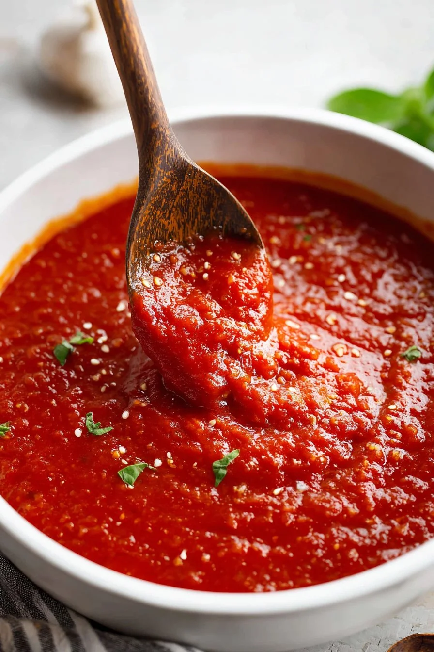 Easiest homemade marinara sauce served in a bowl with fresh basil