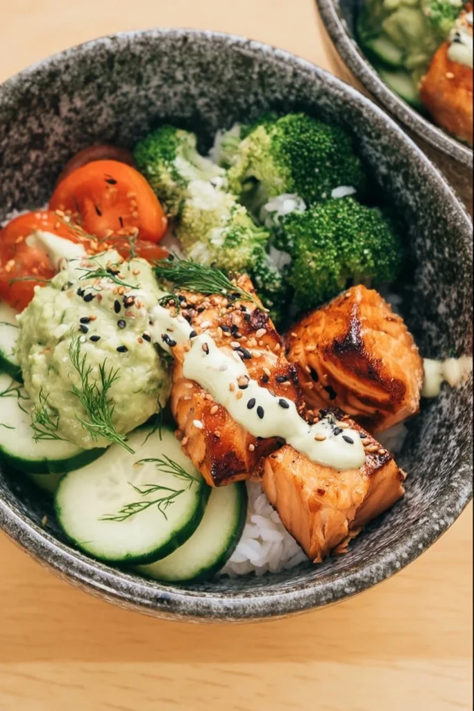 Delicious air fryer salmon rice bowl topped with fresh vegetables and herbs