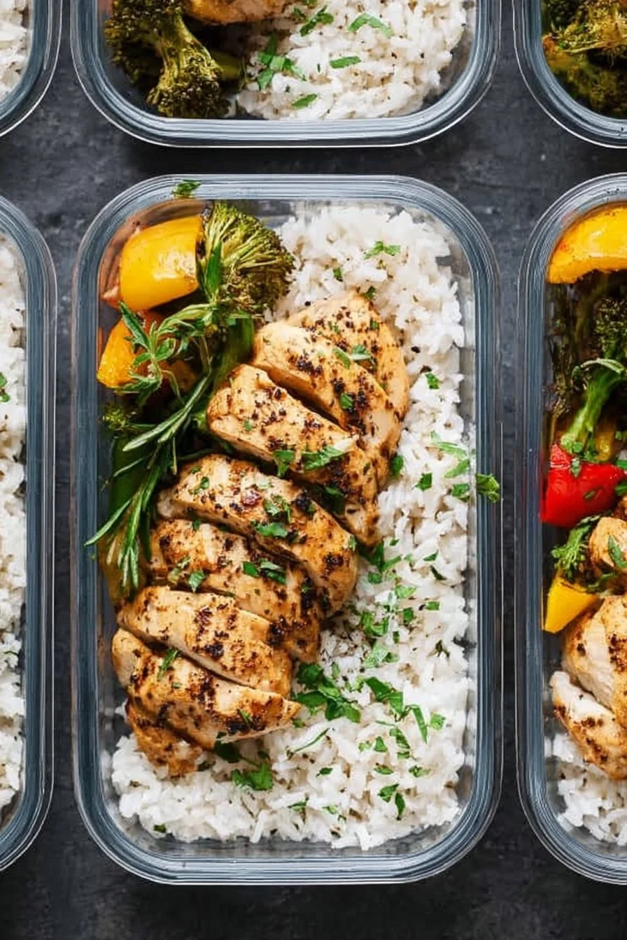 Easy chicken and rice meal prep bowls with vegetables in containers