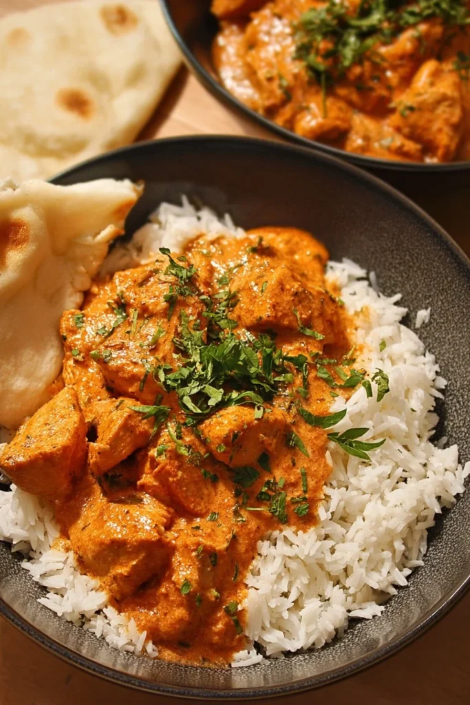 Delicious easy chicken tikka masala served with rice and naan bread